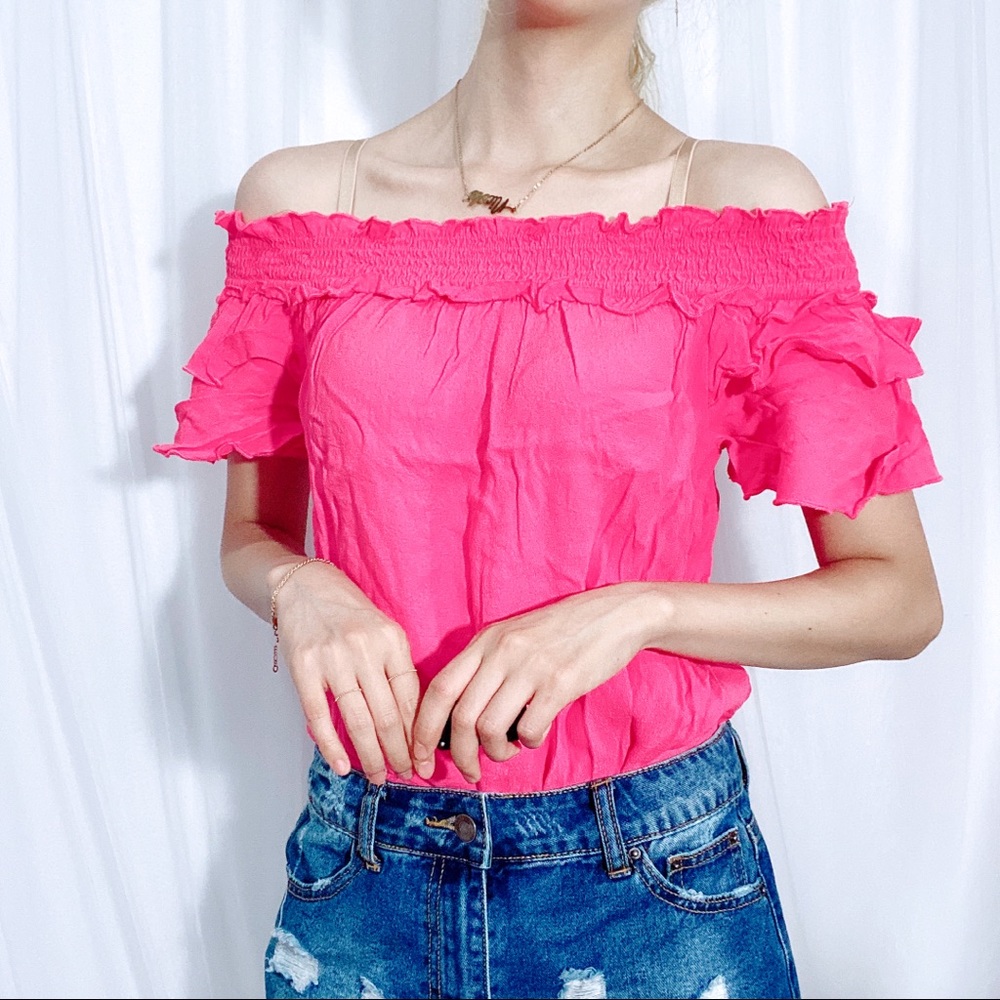 Ruffle Off Shoulder Blouse Hot Pink Small - Picture 2 of 6
